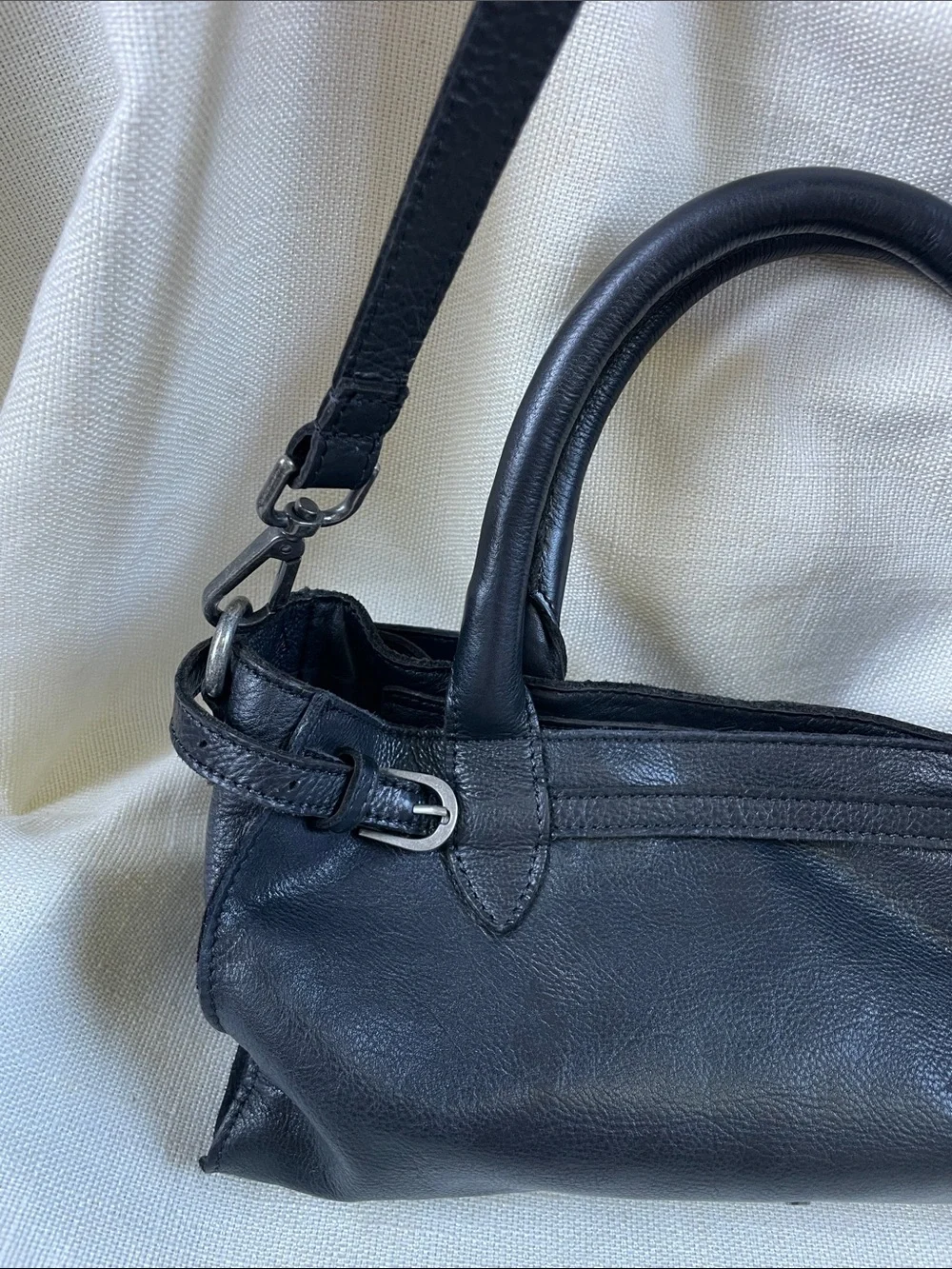 Classic Black Leather Top-Handle Bag with Removable Strap